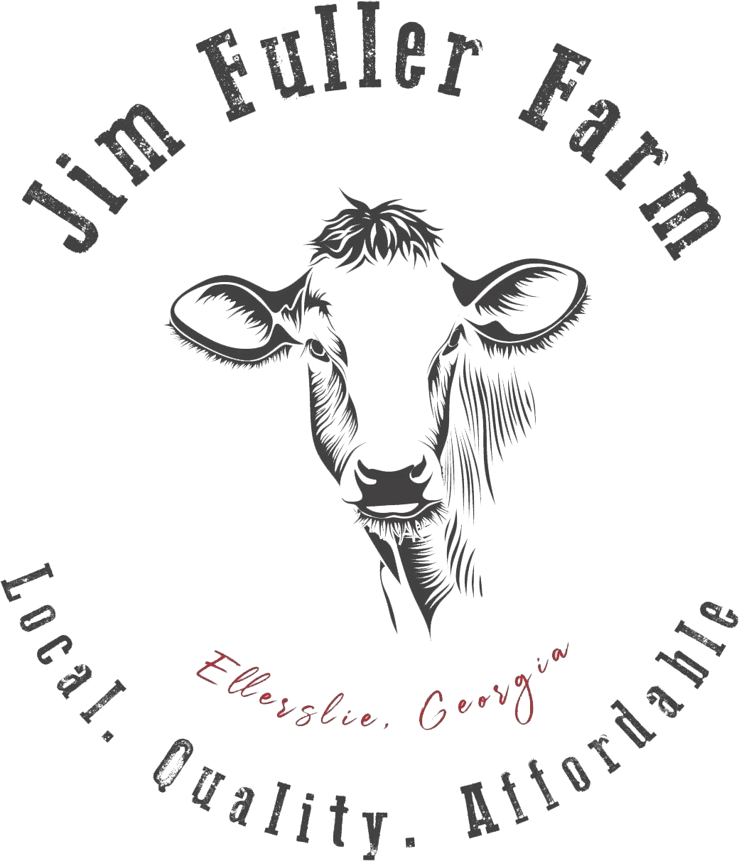 Krista Fuller - Farm Logo transparent Logo of Jim Fuller Farm featuring a cow illustration, emphasizing local, quality, and affordable farm products in Ellerslie, Georgia.